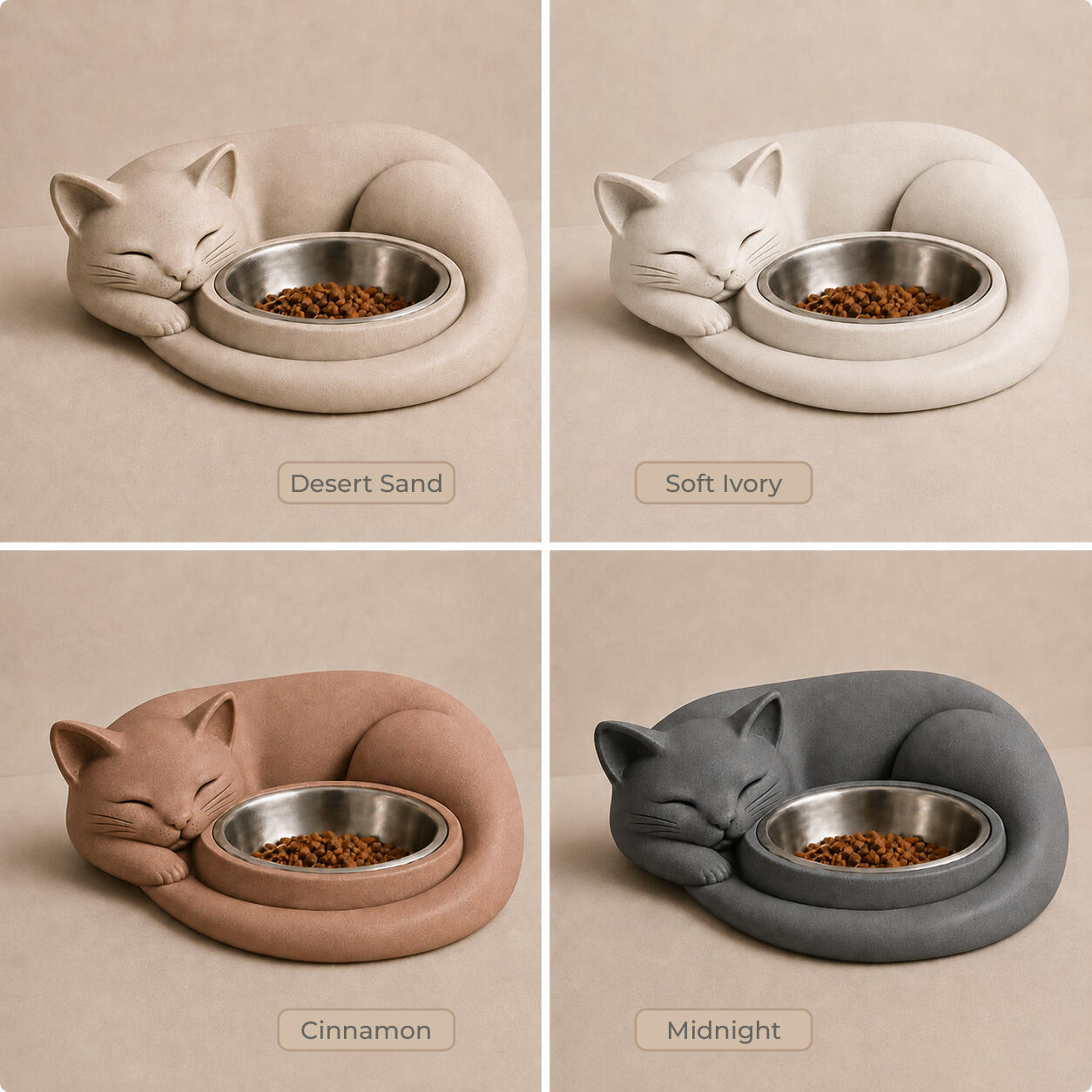 The Dreaming Cat in de betonnen kleuren Desert Sand, Soft Ivory, Cinnamon en Midnight.