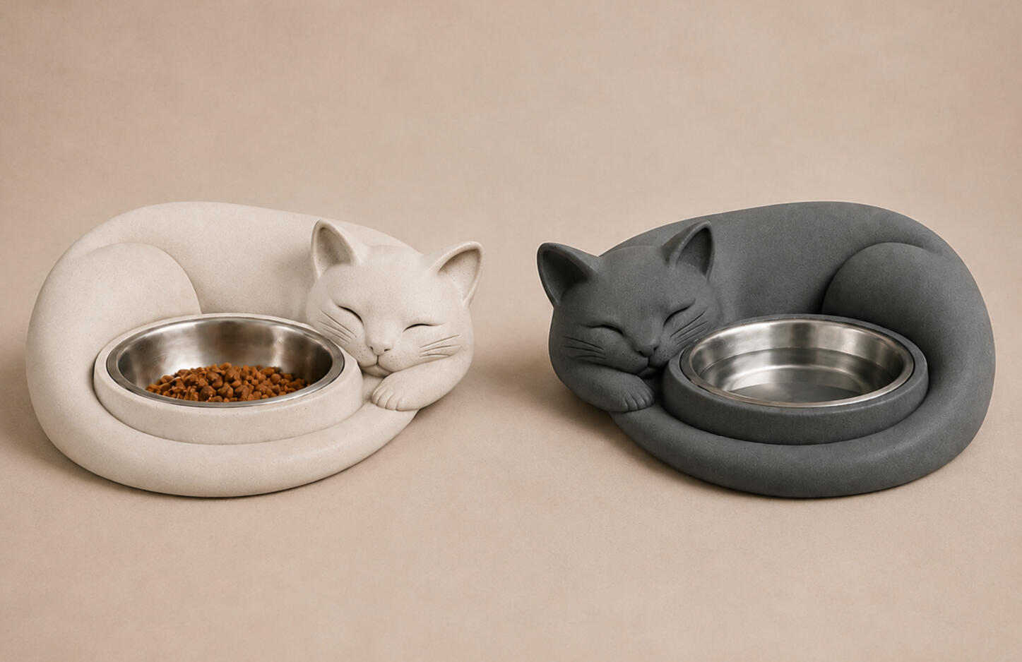 Een Food & Water-set met twee Dreaming Cats in Soft Ivory en Midnight, één gevuld met voer en één met water.