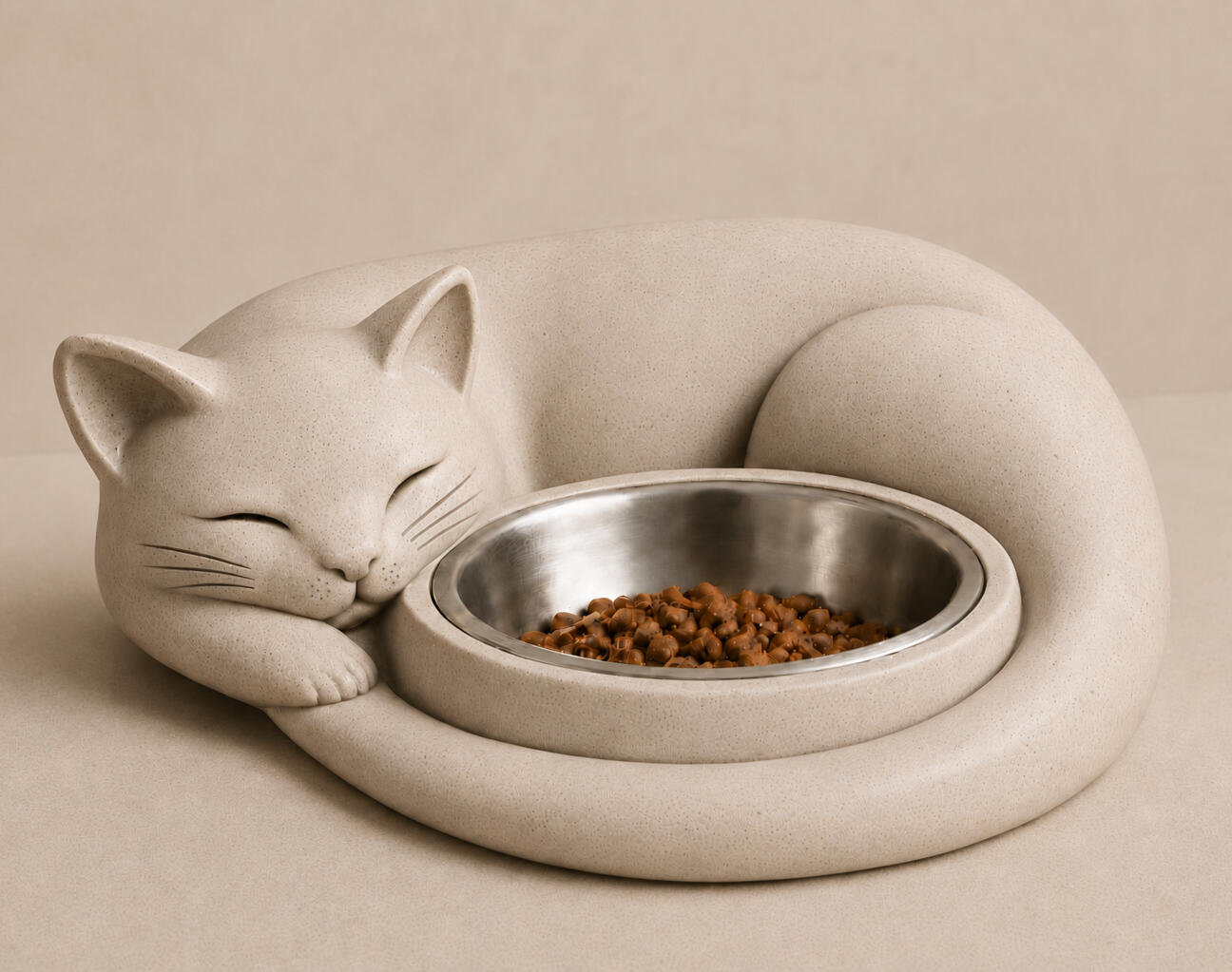 The Dreaming Cat, een sculpturale betonnen voerbak met een slapend katje en uitneembaar RVS-bakje.