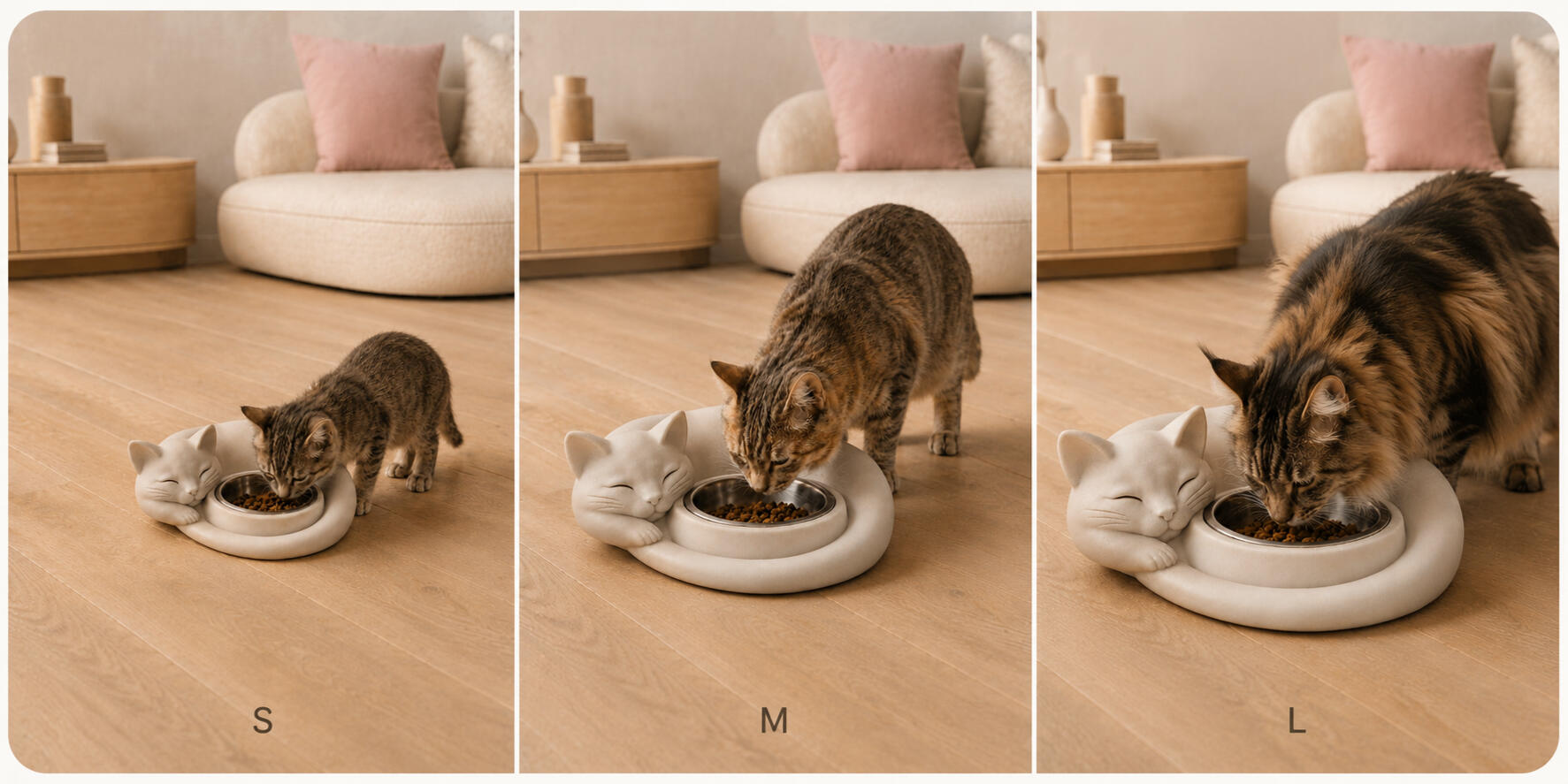 Een kitten, een volwassen kat en een grote kat eten uit The Dreaming Cat in de maten S, M en L.